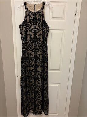 Eliza J Black Lace Overlay Maxi Dress with Nude Underlay
